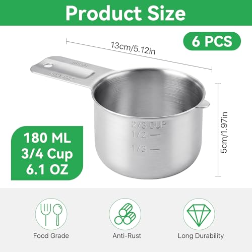6 Pcs 3/4 Cup Measuring Cup,180ml | 6oz | 180cc 304 Stainless Steel Measure Scoop Metal Measuring Cups,3/4 Cup Dog Food Scoop for Cooking Baking Coffee,Metric & US Measurement Dishwasher Safe