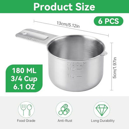 6 Pcs 3/4 Cup Measuring Cup,180ml | 6oz | 180cc 304 Stainless Steel Measure Scoop Metal Measuring Cups,3/4 Cup Dog Food Scoop for Cooking Baking Coffee,Metric & US Measurement Dishwasher Safe