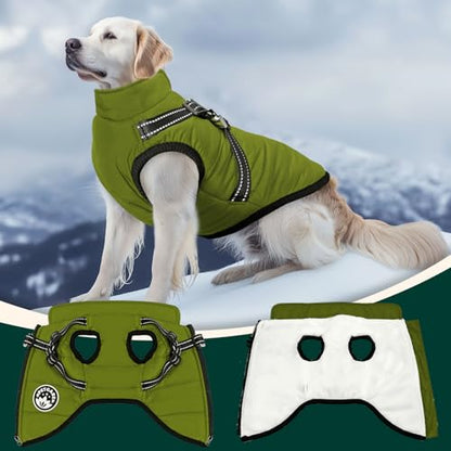 PETCARE Winter Dog Coat with Harness Built in Waterproof Dog Jackets Warm Pet Fleece Vest Windproof Snow Jacket Snowsuit Reflective Dogs Cold Weather Coats for Puppy Small Medium Large Dogs Cats - color: Green, size: 2XL(Chest 19.7" Suggest 16-22 lbs)