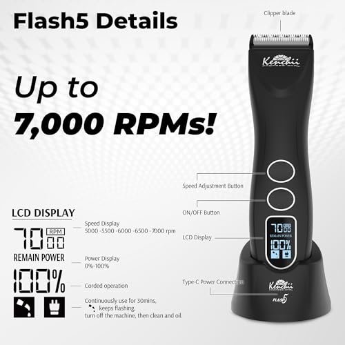 Kenchii Flash 5 Matte Black 5-in-1 Pet Grooming Clipper Digital LCD Stay-Cool Blade Precision Pet Grooming Trim, Shape, Sleek and Ergonomic Design - color: Matte Black