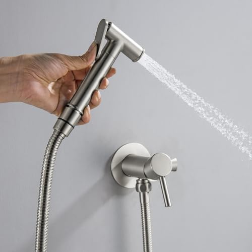 SHAMANDA Warm Water Bidet Sprayer for Toilet with Hot and Cold Brass Rough-in Valve, Stainless Steel Round Handheld Bidet Attachment Set for Feminine, Pets and Baby Diaper Wash, Brushed Nickel - color: Brushed Nickel, style: Hot & Cold Water Modes-Round