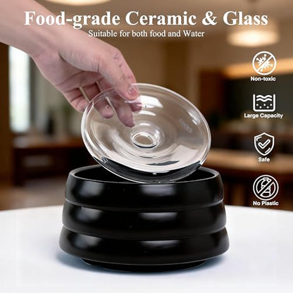 BOBO & BOWL Anti-Splash Pet Drinking Bowl with Floating Glass Disk (1.2L/40 oz), Food-Grade Ceramic Water Bowl for Small & Medium Dogs - Elevated, Heavy Sturdy, Dishwasher & Microwave Safe, Black - color: Black-with Floating Tray
