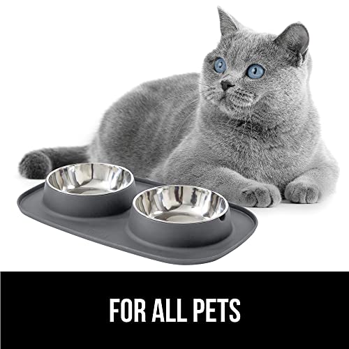GORILLA GRIP Dog Bowl Set with Slip Resistant Silicone Feeding Mat, Food Grade 304 Stainless Steel Bowls, BPA Free, High Edge Spill Containment, Dishwasher Safe, Finger Notch Removal, 2 Cup, Gray - color: Gray, size: 2 Cup Bowls