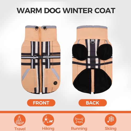 Mihachi Dog Snow Jacket Waterproof Dog Coat with Harness Built in,Thick Fleece Lined & Pockets,Turtleneck Warm Winter Jacket for Middle Dogs Reflective Fleece Vest with Zipper,Snowsuit Outfit,Beige M - color: Beige, size: Medium
