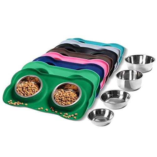 Hubulk Pet Dog Bowls 2 Stainless Steel Dog Bowl with No Spill Non-Skid Silicone Mat + Pet Food Scoop Water and Food Feeder Bowls for Feeding Small Medium Large Dogs Cats Puppies (Medium, Hunter Green) - color: Hunter Green, size: Medium