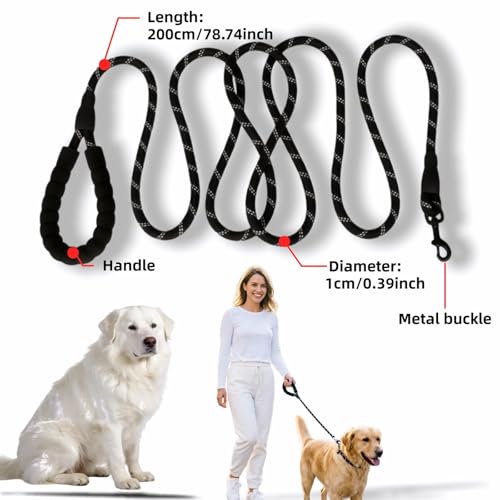 Heavy Duty Dog Leash, Black, High-Density Nylon Rope, 6 ft, Padded Foam Handle, Reflective, 360° Rotating Metal Buckle