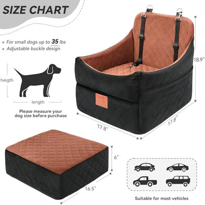 GL GLENSLAVE Dog Car Seat for Small/Medium Dogs, Dog Booster Car Seats with Thick Cushion for Dogs Under 35 lbs, Detachable Washable Pet Carseat with Storage Pockets, 2 Safety Belts(Black/Brown) - color: Black/Brown