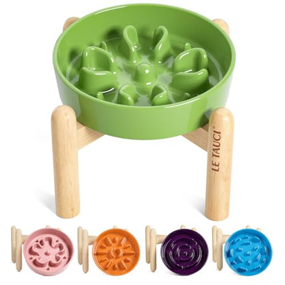 LE TAUCI Ceramic Slow Feed Dog Bowls, Elevated for Small Breeds, Anti-Gulping, Non-Slip, 6 inch, Green - color: Clover Green+Stand, size: S-0.6 Cups