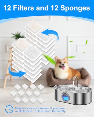 12+12 Pack Dog Water Bowl Filter Replacement for Large Dogs Compatible with 3.4Gal/13L Pet Fountains, Carbon Filters and Sponge Filters for Dog Fountain Water Bowl, Pet Water Filter