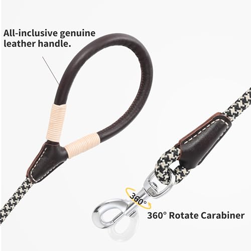 Mile High Life Dog Leash, Rope Leash with Genuine Leather Handle and Heavy Duty Metal Clasp, Great for Small Medium Large Dogs (Black Khaki, 4FT) - color: Leather Handle-Black Khaki, size: 48 Inch-1/2"