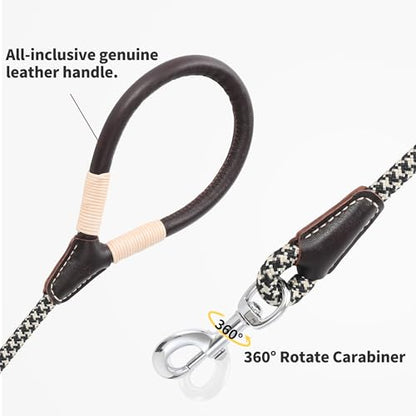 Mile High Life Dog Leash, Rope Leash with Genuine Leather Handle and Heavy Duty Metal Clasp, Great for Small Medium Large Dogs (Black Khaki, 4FT) - color: Leather Handle-Black Khaki, size: 48 Inch-1/2"