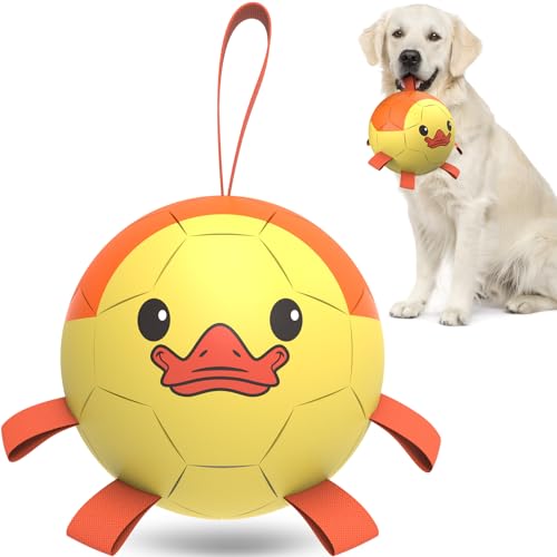 QDAN Dog Toys Soccer Ball with Straps, Interactive Dogs Toys for Tug of War, Puppy Birthday Gifts, Dogs Tug Toy, Dog Water Toy, Durable Dog Balls for Medium & Large Dog - Duck（8 Inch） - color: Yellow, size: 8 Inch
