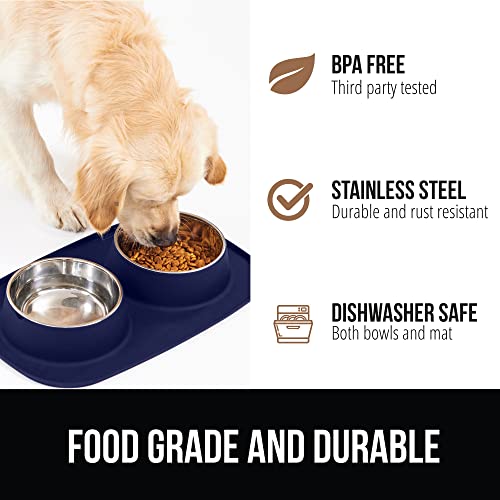 GORILLA GRIP Dog Bowl Set with Slip Resistant Silicone Feeding Mat, Food Grade 304 Stainless Steel Bowls, BPA Free, High Edge Spill Containment, Dishwasher Safe, Finger Notch Removal, 2 Cup, Navy Blue - color: Navy, size: 2 Cup Bowls