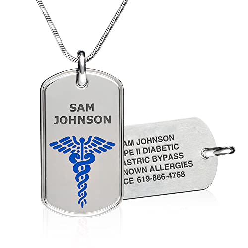 Divoti Custom Laser Engraved Medical Alert Necklace for Men | 28" Ball Chain with Lobster | Personalized Dog Tag ID with Black caduceus | Stainless Steel, Durable Waterproof Design - color: Deep Blue, style: 28" Snake Chain