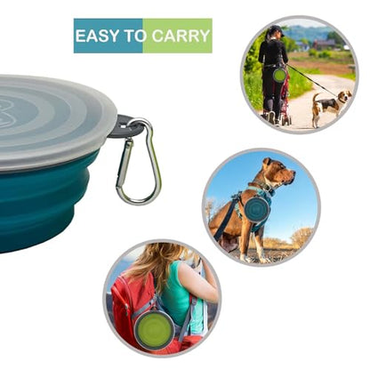 Medium Collapsible Dog Bowl 23oz,2 Pack Portable and Foldable Pet Travel Bowls with 2 Carabiners & Lids for Dogs Cats and Small Animals (Blue+Green+Grey, 650ml)