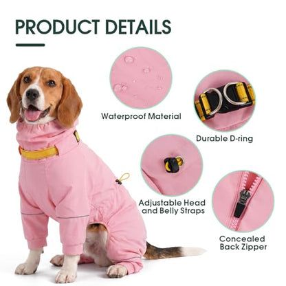 Kouser Waterproof Full-Body Coverage Dog Raincoat, Pink 2XL | Dog Raincoat with Reflective Stripes, Adjustable Dog Rain Jacket with Leash D-Ring, Hooded Poncho for Small Medium Large Dogs - color: Pink, size: XX-Large(Back Length:23.62")