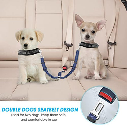 SlowTon Dog Seat Belt, Double Dog Seatbelt Adjustable Vehicle Safety Leash with Elastic Bungee Buffer, Reflective No Tangle Y Shape Two Dog Harness Seat Belt Splitter for Pets Car Trip (Blue, S) - color: K.Blue, size: 2 Small in 1