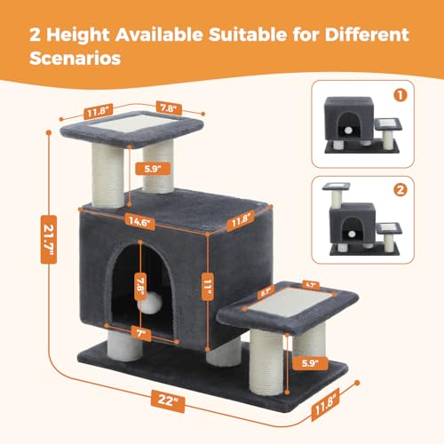 3-in-1 Dog Stairs & Cat Scratching Post with Condo, Pet Steps for High Bed, Sofa, Couch, Tall Cat Tower, High-Strength Board for Indoor Small Cats Kittens Dogs Climbing Playing, 3 Steps-Dark Grey - color: Dark Grey
