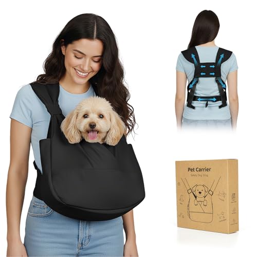 Dog Sling Carrier for Small Dogs with Bottom Support, Adjustable Pet Front Dog Carrier-Padded Strap Reducing Back Neck Pain, Anti-Anxiety Backpack for Travel Hiking Camping, Hands Free (Black,M) - color: Black, size: Medium