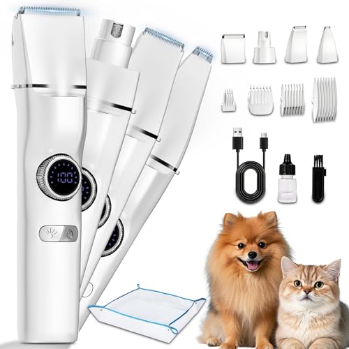 5-in-1 Dog Grooming Kit, Dog Paw Trimmer with LED Display & Light 11-Speed Rotary Knob, Low Noise Wireless Pet Clippers, Includes Easy-Clean Silicone Pad for Trimming Paw Eye Ear Facial Hair - color: Pet Clipper - With Cleaning Pad