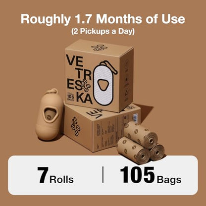 VETRESKA Dog Poop Bags Dispenser with Coffee Scented Waste Bags, Leak Proof, Extra Thick & Strong, 1 Holder and 105 Count Pet Poop Bags (7 Refill Rolls) for Dogs and Cats - size: 1 Count (Pack of 105), style: coffee