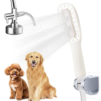 Jamini Dog Shower Attachment, Handheld High-Pressure Sprayer with Brush for Fast and Easy Indoor/Outdoor Dog Bathing, 4 Modes, 8.2ft Hose, G1/2" Brass Shower Diverter