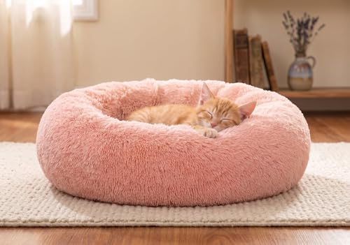 SAVFOX 20 inches Calming Donut Dog Bed - 3X Durable Plush Faux Fur, Machine Washable & Non-Slip, Fits up to 15 lbs, Pink - color: Pink, size: X-Small | 20"x20"