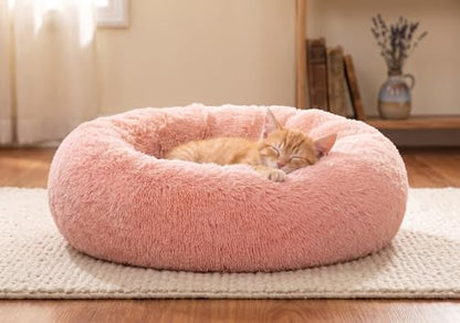SAVFOX 20 inches Calming Donut Dog Bed - 3X Durable Plush Faux Fur, Machine Washable & Non-Slip, Fits up to 15 lbs, Pink - color: Pink, size: X-Small | 20"x20"