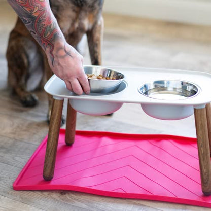 Messy Mutts Elevated Double Feeder with Stainless Bowls | Adjustable Height 3”, 5”, or 10” | Adjustable Standing Feeder for Dogs | 5 Cups per Bowl | Light Grey with Faux Wood Legs - color: Light Grey, Faux Wood Legs