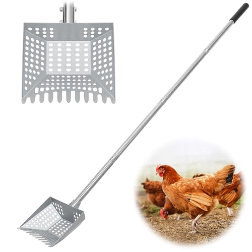 Chicken Poop Scooper Tempered Spring Steel Sifting Shovel for Chicken Coop with 32-60" Adjustable Stainless Steel Tube Cleaning Tool for Coop with Rubber Handle - size: 8" W x 3" D