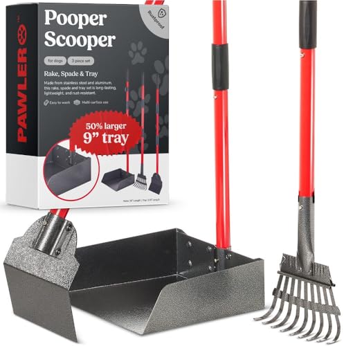 Pawler Pooper Scooper for Large Dogs, Small Dogs and Horses, Metal Poop Scooper Set with Long Handle Rake, Spade and Tray for Yard, Grass, Dirt or Gravel, Heavy Duty Aluminum Poop Picker Upper - color: 3 Piece Set - X Large