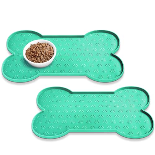 PWTAA Dog Food Mat Anti-Slip Silicone Dog Bowl Mat Thicker Pet Placemat Waterproof Cat Feeder Pad with Raised Edge Puppy Kitten Feeding Mats Suitable Small Medium-Sized Dogs Cats Eating Tray - 2PCS - color: Green, size: 19.4" x 9.8"-2PCS