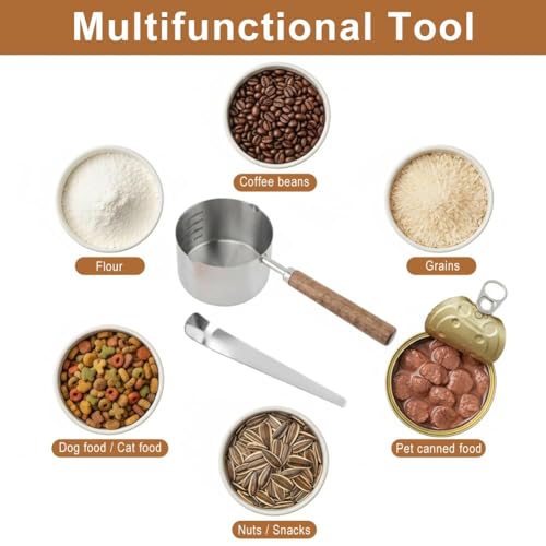 Dog Cat Food Scoop 1 Cup, 304 Stainless Steel Dog Food Measuring Cup with 410 Medium Scoop, Multi Purpose Tool with Walnut Wooden Handle for Pet Food, Rice, Flour, Precision Scale Measurements