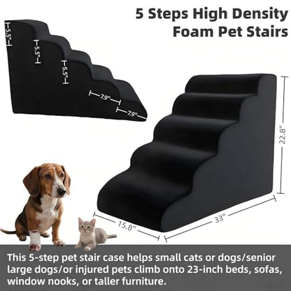 5 Step Pet Stairs Ramp for High Beds Sofas 23-30 Inch with Sturdy Non Slip Waterproof Pads, Machine Washable Cover Indoor Balanced Design for Cats Dogs Small Medium Large XL Pets Black, Large - color: Black