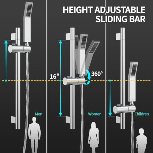 SR SUN RISE 10 Inch Square Shower Faucet, Adjustable 16-Inch Slide Bar Hand Held Shower with Hose, Square Rain Shower Head and Handheld Spray Included Valve and Shower Trim Kit, Polished Chrome - color: Polished Chrome, style: 10"