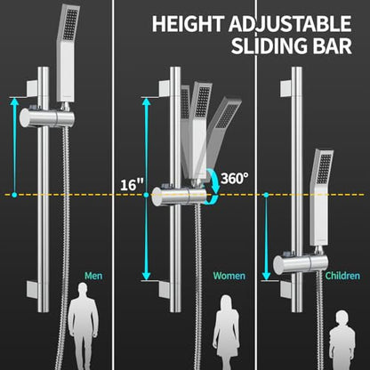 SR SUN RISE 10 Inch Square Shower Faucet, Adjustable 16-Inch Slide Bar Hand Held Shower with Hose, Square Rain Shower Head and Handheld Spray Included Valve and Shower Trim Kit, Polished Chrome - color: Polished Chrome, style: 10"