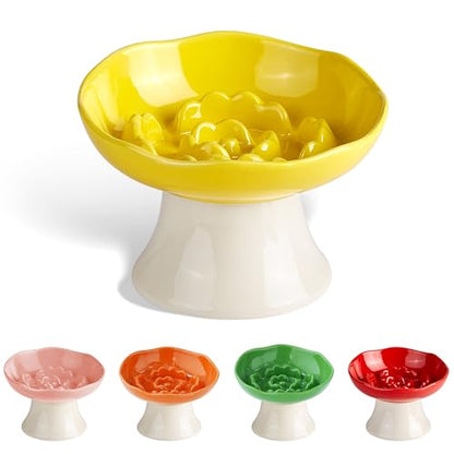 Ceramic Slow Feeder Bowl for Cats and Small Dogs, Elevated Tilted Pet Food Dish, Whisker Friendly Anti-Vomit Design, Heavy Stable Base, Dishwasher Safe， 5 Colors Options (Lemon Yellow) - color: Lemon Yellow