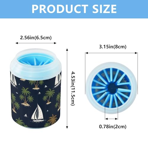 Tropical Palm Tree Blue Print Dog Paw Cleaner Cup with Soft Silicone Brush, Portable Small Lightweight Muddy Paw Washer for Dogs, Easy to Use Pet Foot Cleaner