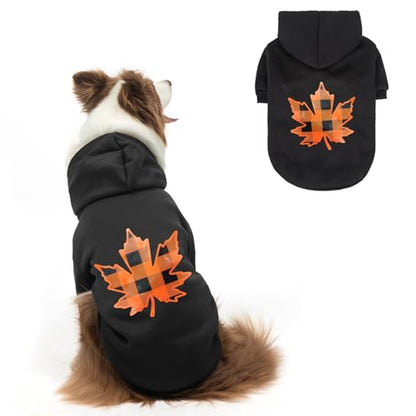 SCENEREAL Thanksgiving Dog Hoodie with Leash Hole Male Female - Warm & Soft Fleece Pet Sweater Clothes Sweatshirt with Leaf Pattern, Cold Weather Coat for Small Medium Large Dogs Puppies, L - color: Black (Maple Leaf Print), size: Large