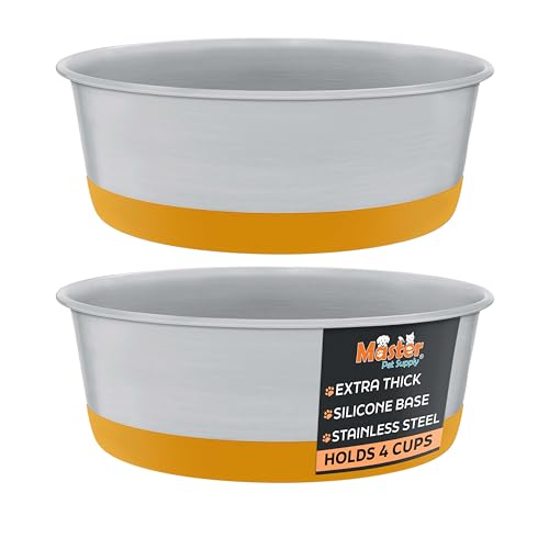Master Pet Supply Stainless Steel Dog Bowls Set of 2 with Extra Thick Silicone Base - 4 Cup (32 oz) Mango Tango, Non-Slip, Dishwasher Safe Metal Bowls, Pet Dog Food Bowl for Dogs, Cats, Anti Rust - color: Mango Tango, size: 4 Cups (32 oz) 2 Pack