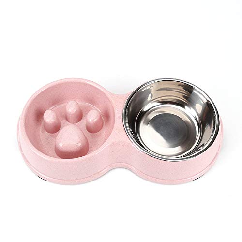 Slow Feeder Dog cat Double Bowl Stainless Steel and Anti-Choking Pink - color: pink