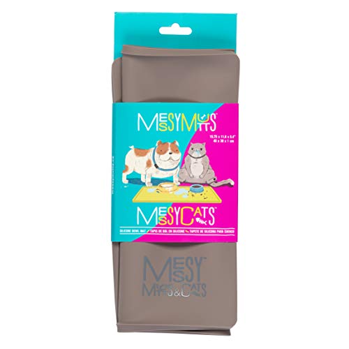 Messy Mutts & Cats Silicone Non-Slip Pet Bowl Mat with Raised Edge | 16” x 12” Dog/Cat Bowl Mat with Spill-Proof Lip | Grey - color: Grey