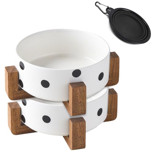 Petygooing Ceramic Dog Bowl Set with Stand,Pet Food and Water Bowl, Anti -Slip Set of 2 Pet Bowls-Dog Food Bowls- Pet Feeder Small Medium Size (28 OZ /3.6 Cups) Black Dot - color: Black Dot, size: Medium Size Dog Bowls 850ML*2