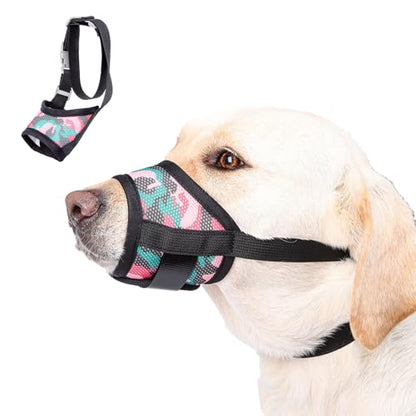 Dog Muzzle with Escape-Proof Elastic Neck Collar, Soft Breathable Air Mesh Mouth Cover Stops Biting Barking Chewing Allows Drinking Panting, Adjustable Muzzle for Small Medium Large Dogs - color: Black/Pink, size: XL