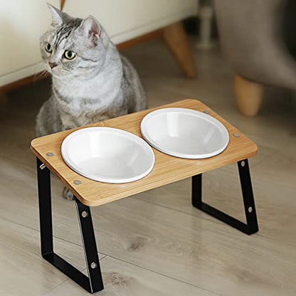 AYADA Elevated Cat Bowls, Height Adjustable Raised with Stand Lifted Ergonomic Anti Vomiting Non Slip Slanted Tilted Double Bowls Food Water Ceramic - color: Ceramic