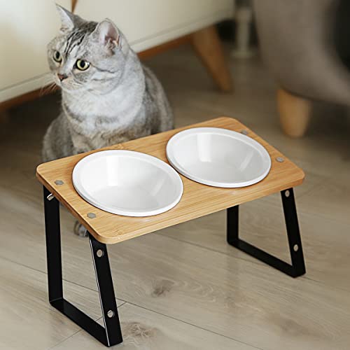 AYADA Elevated Cat Bowls Height Adjustable with Stand (Ceramic) | 15-Degree Tilt, 4.7 or 5.5 Inches, Non-slip Pad, Double Bowls, For Dry Food, Wet Food, Water, Ergonomic, Spine Protection - color: Ceramic