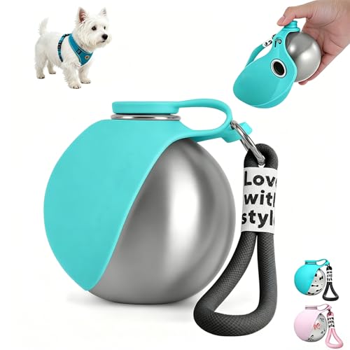 Leak Proof Portable Stainless Steel Dog Water Bottle, Flip-Top Silicone Bowl for Small Dog & Cat, Insulated Hot & Cold Retention, One-Hand Easy Use for Walking & Hiking, 10oz Blue(No Print) - color: Blue