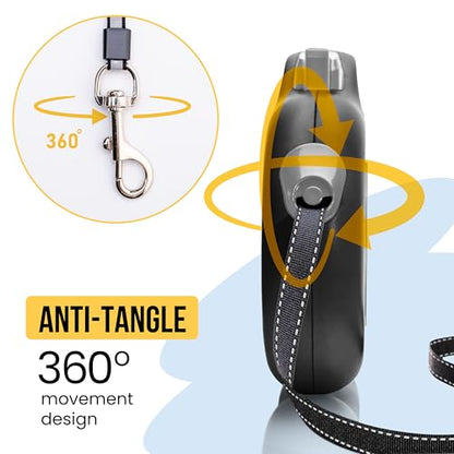 Retractable Dog Leash for Large & Extra Large Dogs (Up to 110lbs) - Customizable, Patented, Reflective Design, Ergonomic Handle, Includes Hooks & Poop Bag Holder & Dispenser - Black - color: Black, size: L/XL - Up to 110 Lbs