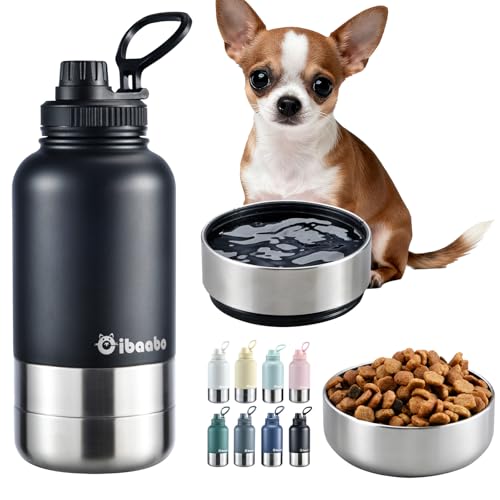 Cibaabo Insulated Dog Water Bottle with 2 Bowls, 32oz Travel Stainless Steel Double Wall Thermos, Portable Pet Dispenser, Gifts for Puppy Small Medium Dogs Walking Hiking and Camping - color: Matte Black
