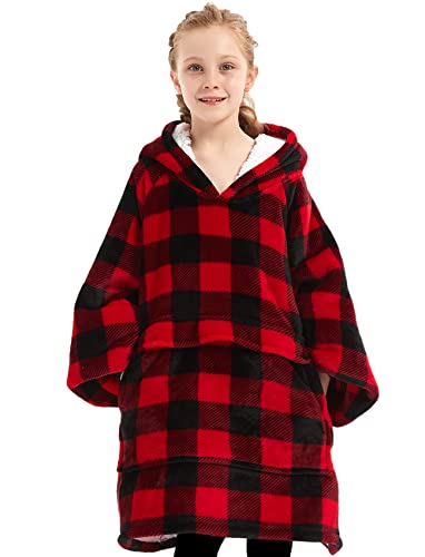 KFUBUO Wearable Blanket Hoodie for Kids Sherpa Patterns Oversized Sweatshirt Blanket With Pocket 6-10 Year Old Girl Boy Red Plaid - color: Red Plaid, size: Kids 6-10YR